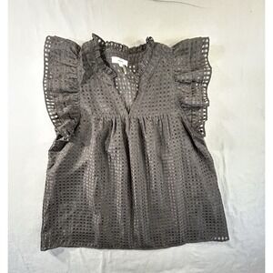 Entro Black Ruffled‎ Sleeve Square Pattern Vneck Top Women's Large